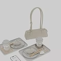 Delicious White Round Dumplings Served on Wooden Trays with Coffee Cups and Handbag