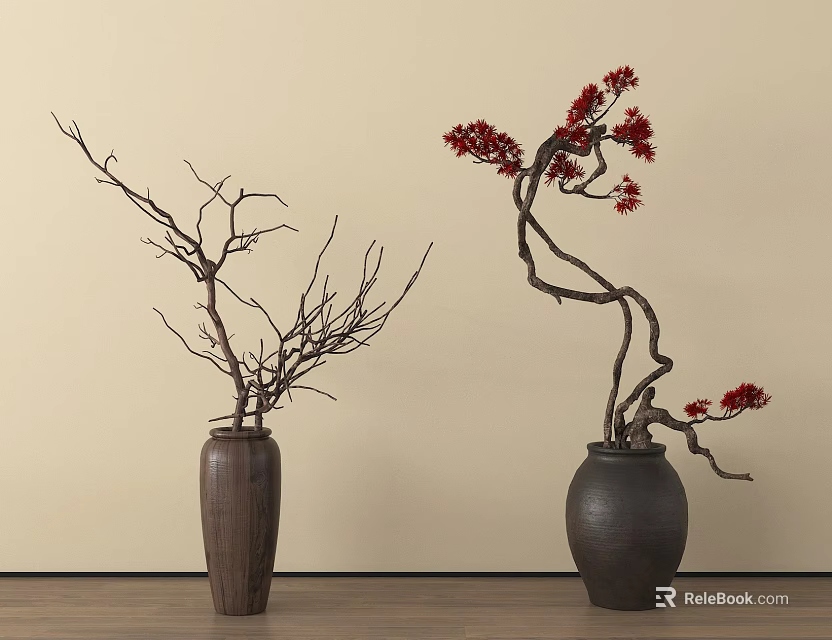 Two Bonsai Plants with Bare Branches and Red Flowers in Different Vases on Wooden Floor 3d model 