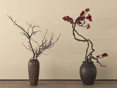 Two Bonsai Plants with Bare Branches and Red Flowers in Different Vases on Wooden Floor 3d model