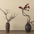 Two Bonsai Plants with Bare Branches and Red Flowers in Different Vases on Wooden Floor