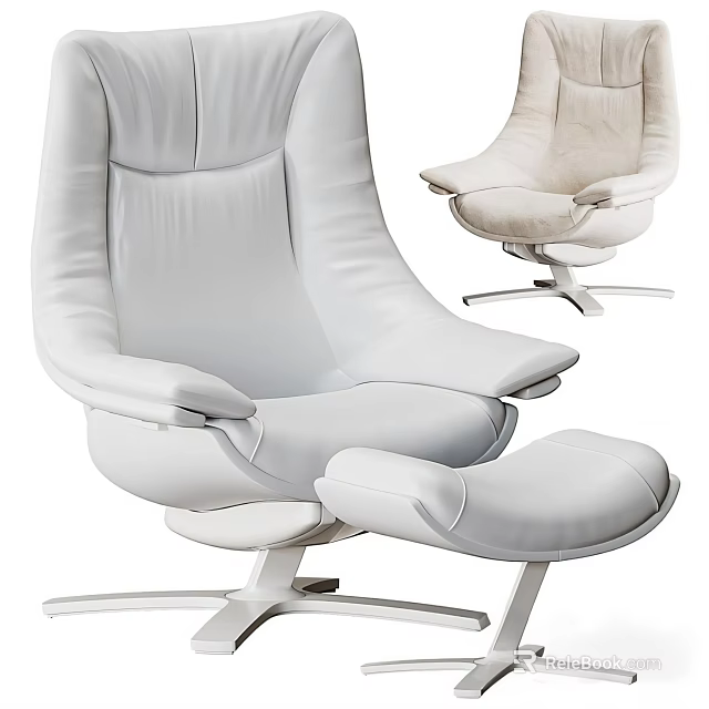White Leather Office Chair With Modern Design Armrests And Ottoman Metal Base 3d model 