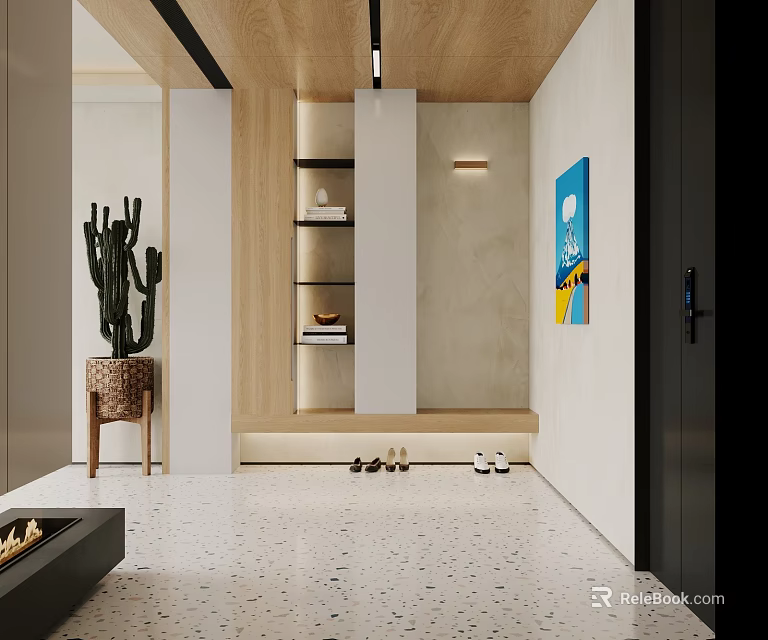 Modern Entryway Hallway With Potted Cactus Wooden Shelves Decorative Painting Stored Shoes And Terrazzo Floor 3d model 