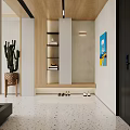 Modern Entryway Hallway With Potted Cactus Wooden Shelves Decorative Painting Stored Shoes And Terrazzo Floor