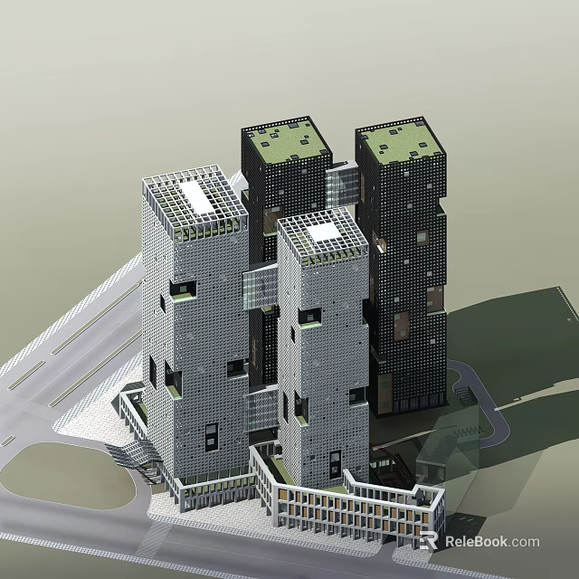 Modern Office Building Complex With Multiple Connected Towers And Grid Facade Design 3d model