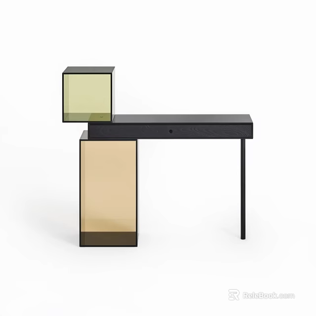 Modern Desk Design With Black Tabletop And Transparent Yellow Brown Supports 3d model 