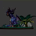 Cute Blue Dragon 3D Fantasy Game Character with Green Grass Tropical Plants and Red Mushrooms