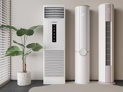 Three Modern Tower Air Conditioner Fans In White And Pink With Green Plant Indoor 3d model