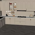 Modern Minimalist Kitchen With Light Gray Arched Cabinets Glass Doors And White Countertop