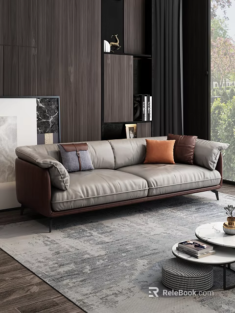 Light Gray Double Sofa With Dark Brown Armrests Cushions Wooden Wall Black Bookshelf Window Plants 3d model 
