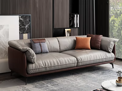 Light Gray Double Sofa With Dark Brown Armrests Cushions Wooden Wall Black Bookshelf Window Plants 3d model