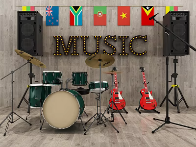 Vibrant Musical Instruments and Art Supplies Setup with Drums Guitars Speakers and Neon Sign 3d model