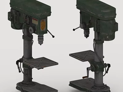 Two Vintage Green Industrial Drill Presses With Metal Base And Workbench Top 3d model