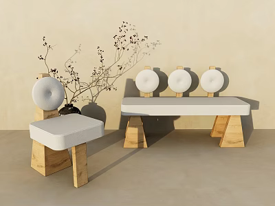 Modern Light Colored Sofa Set With Wooden Legs Round Cushions And Matching Stool 3d model