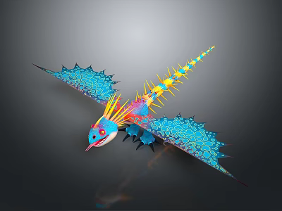Colorful Fantasy Pterosaur Creature With Blue Wings Yellow Spiked Tail And Red Head Design 3d model