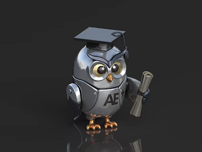 Robot Owl Character Wearing Graduation Cap Holding Diploma Scroll With ABT Letters On Body 3d model
