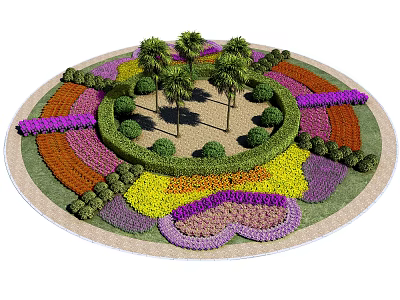 Circular Landscape Garden With Palm Trees Colorful Flower Beds Trimmed Hedges And Heart Shaped Patterns 3d model