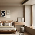 Minimalist Bedroom Interior Design With Wooden Bed Framed Artworks And Round Area Rug