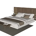 Modern Double Bed With Wooden Headboard Neutral Linen Bedding Bedside Table And Area Rug