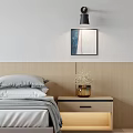 Double Bed In Modern Bedroom With Wooden Headboard Gray Bedding Nightstands Wall Lamp