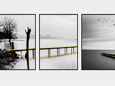Black And White Lake View Photography With Pier Tree Birds And Mountain 3d model
