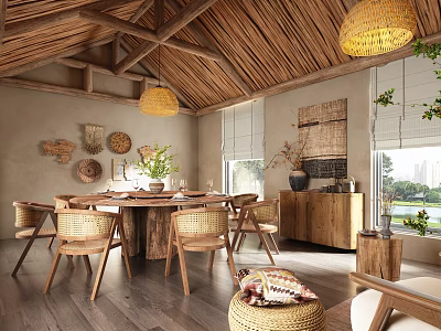 Natural Style Dining Room Interior With Wooden Ceiling Rattan Pendant Lights And Rattan Chairs 3d model