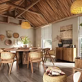 Natural Style Dining Room Interior With Wooden Ceiling Rattan Pendant Lights And Rattan Chairs