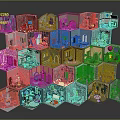 Cartoon Scenes with Stacked Colorful Small Rooms and Various Furnishings in Block Style Design