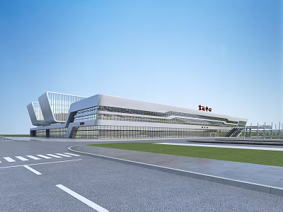 Modern ZTE Building Exterior Featuring Glass Curtain Wall Geometric Design And Lawn Surroundings 3d model