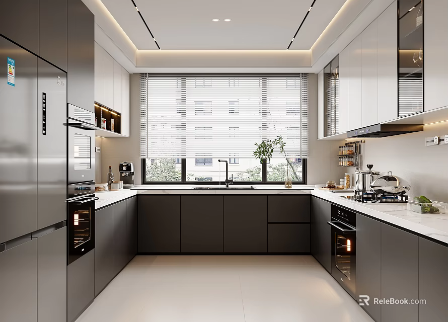 Modern Kitchen Interior Design With L shaped Layout Gray Cabinets White Countertops And Blinds 3d model 