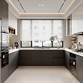 Modern Kitchen Interior Design With L shaped Layout Gray Cabinets White Countertops And Blinds