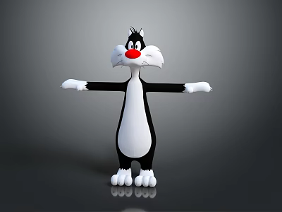 Game Movie Cartoon Cat Character Black White Fur Red Nose Arms Outstretched Pose 3d model