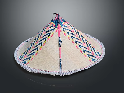 Woven Conical Hat With Colorful Geometric Patterns And Fringed Edge 3d model