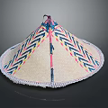 Woven Conical Hat With Colorful Geometric Patterns And Fringed Edge