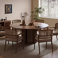 Round Wooden Dining Table With Woven Chairs And Cabinet In Cozy Room Interior