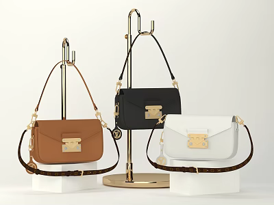 Stylish Crossbody Handbags In Brown Black White With Golden Lock On Metal Stands 3d model Stylish Crossbody Handbags In Brown Black White With Golden Lock On Metal Stands 3d model