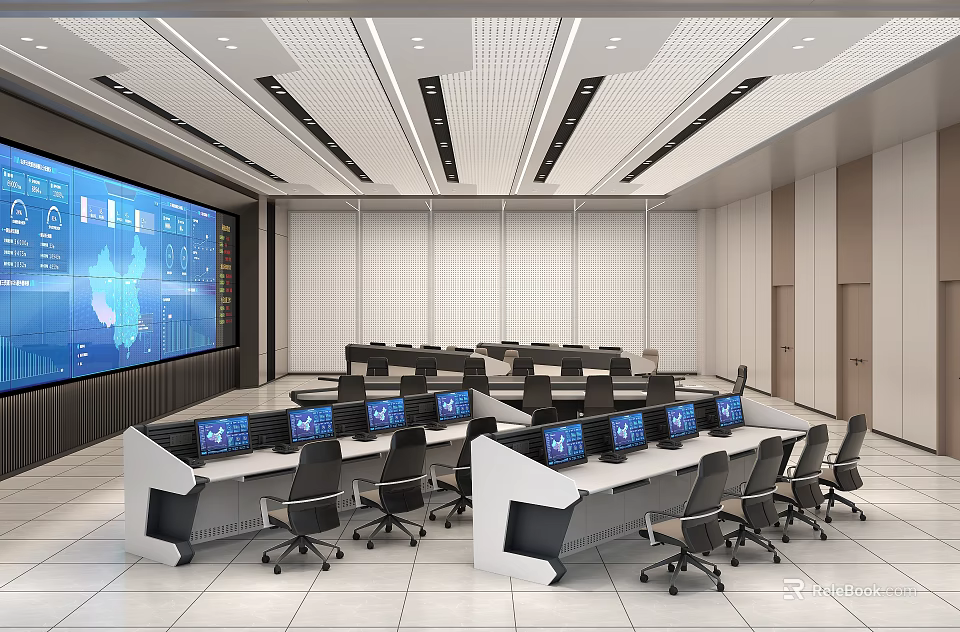 Modern Control Room Interior With Large Display Screen Multiple Computer Monitors And Console Chairs 3d model 