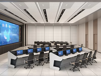 Modern Control Room Interior With Large Display Screen Multiple Computer Monitors And Console Chairs 3d model