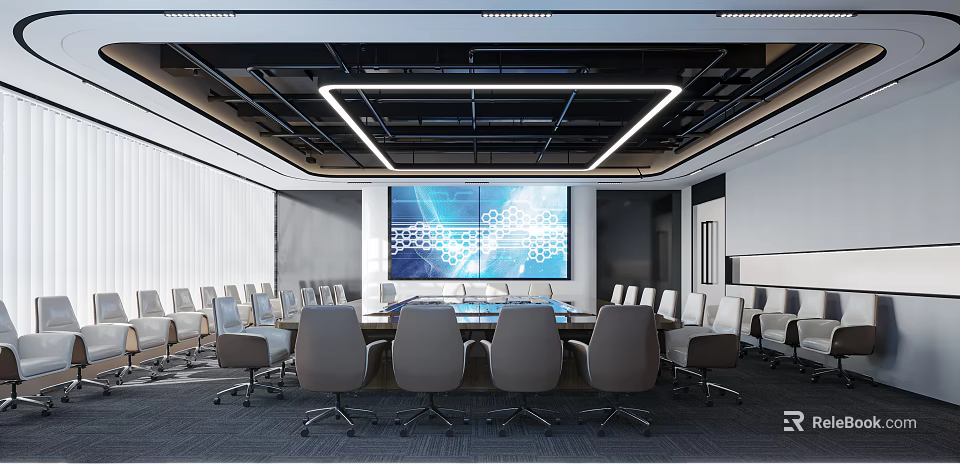 Modern Conference Room Interior With Large Conference Table Ergonomic Chairs And LED Display Screen 3d model 