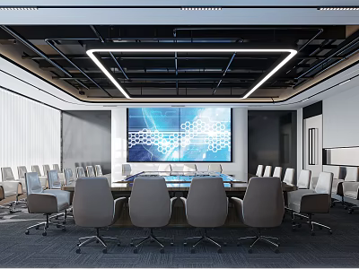Modern Conference Room Interior With Large Conference Table Ergonomic Chairs And LED Display Screen 3d model