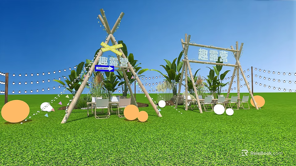Art Installation For Camping With Teepee Structures Green Plants And Chairs 3d model 