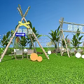 Art Installation For Camping With Teepee Structures Green Plants And Chairs