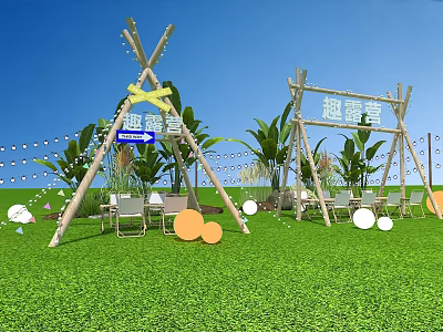 Art Installation For Camping With Teepee Structures Green Plants And Chairs 3d model
