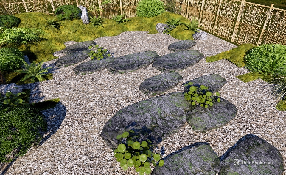 Natural Garden Path With Stepping Stones Green Plants Gravel And Bamboo Fence 3d model 