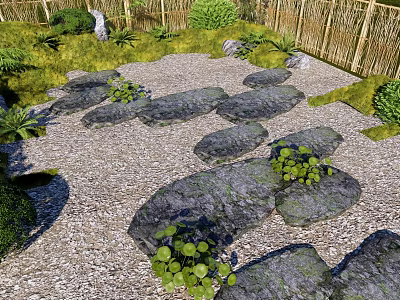 Natural Garden Path With Stepping Stones Green Plants Gravel And Bamboo Fence 3d model