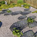Chinese Style Green Slab Ting Step Garden Slab Paving Courtyard Slab Path Courtyard Garden Ting Step Bryophyte Group Bamboo Fence 3d model