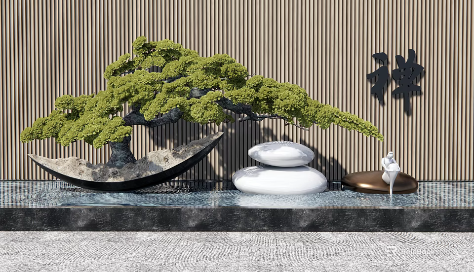 Zen Style Garden Ornament With Pine Bonsai Stacked Stones And Water Feature 3d model 