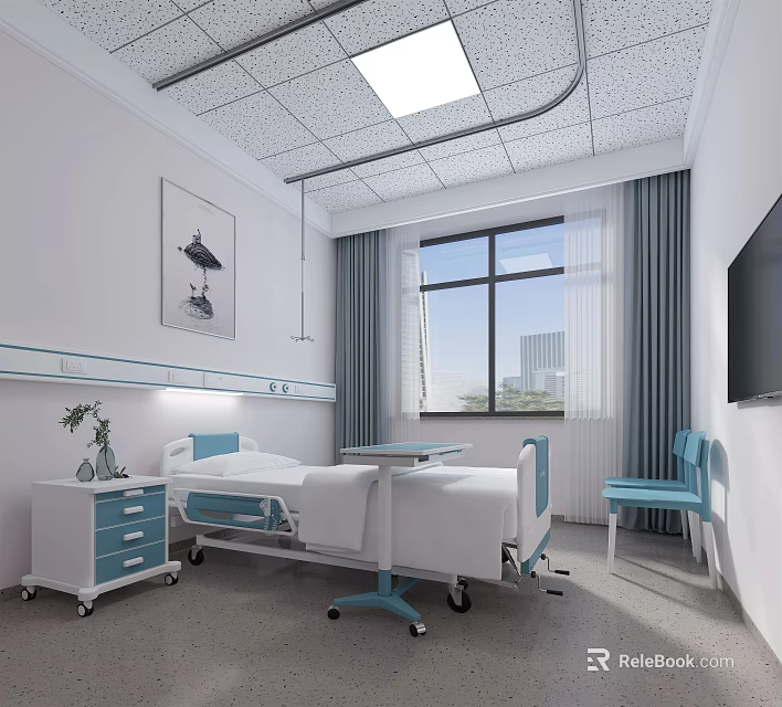 Modern Hospital Ward Interior With Bedside Table Window Curtains TV And Chair 3d model 