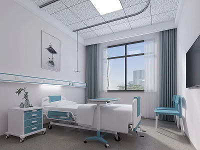 Modern Hospital Ward Interior With Bedside Table Window Curtains TV And Chair 3d model