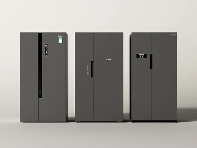 Three Dark Gray Modern Refrigerators in Side by Side Display with Sleek Design 3d model