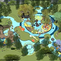 Vibrant Children's Playground With Adults Kids Colorful Ground Slides Netting And Trees